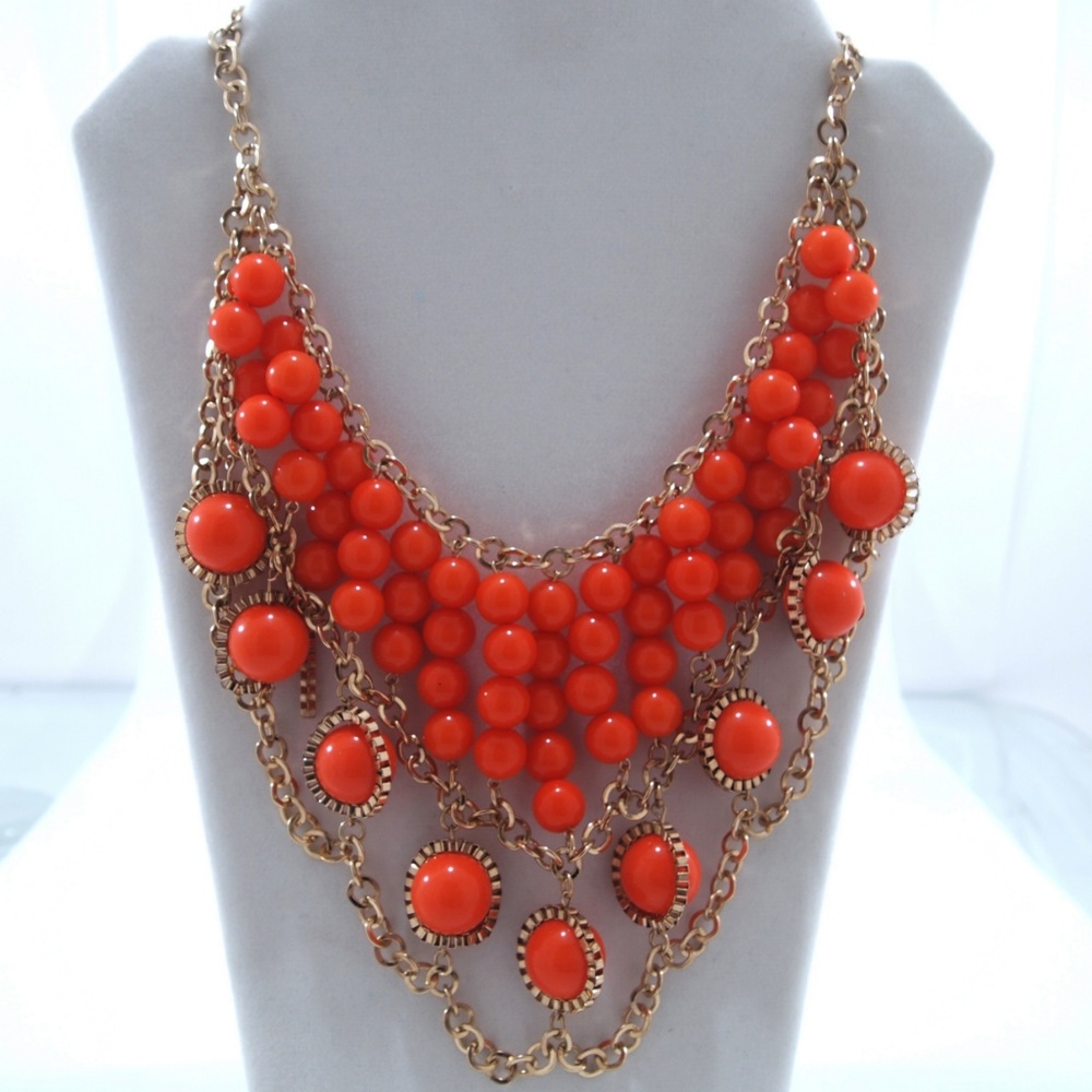 Gold Tone Orange Dangle Statement Necklace